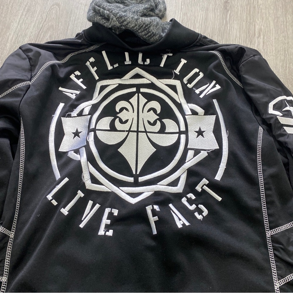Affliction hooded track jacket- size large. Removable hood.